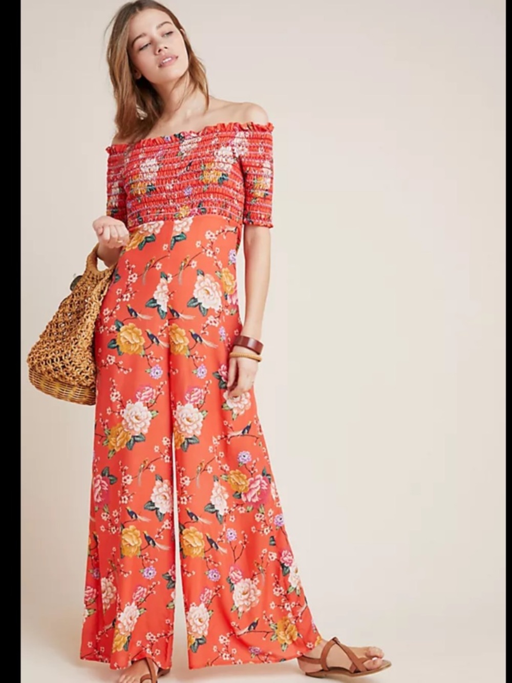 FARM Rio for Anthropologie Coral Floral Off-Shoulder Wide-Leg Jumpsuit